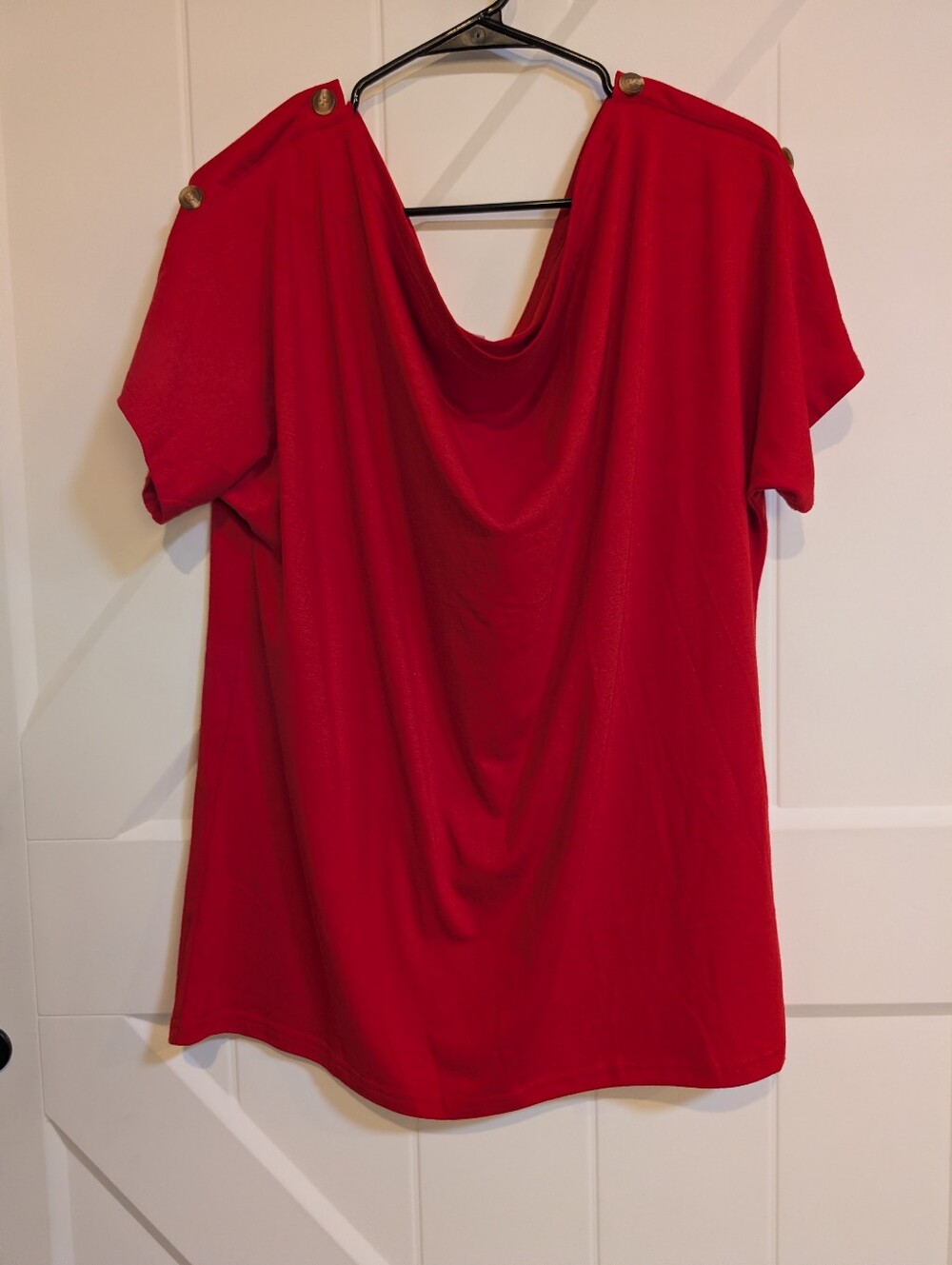 Amazon Red Drape-Neck Blouse with Shoulder Buttons